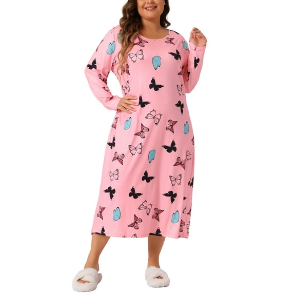 DARING DIVA Women's Plus Size Floral Long Sleeve Casual Nightgowns 2X Pink