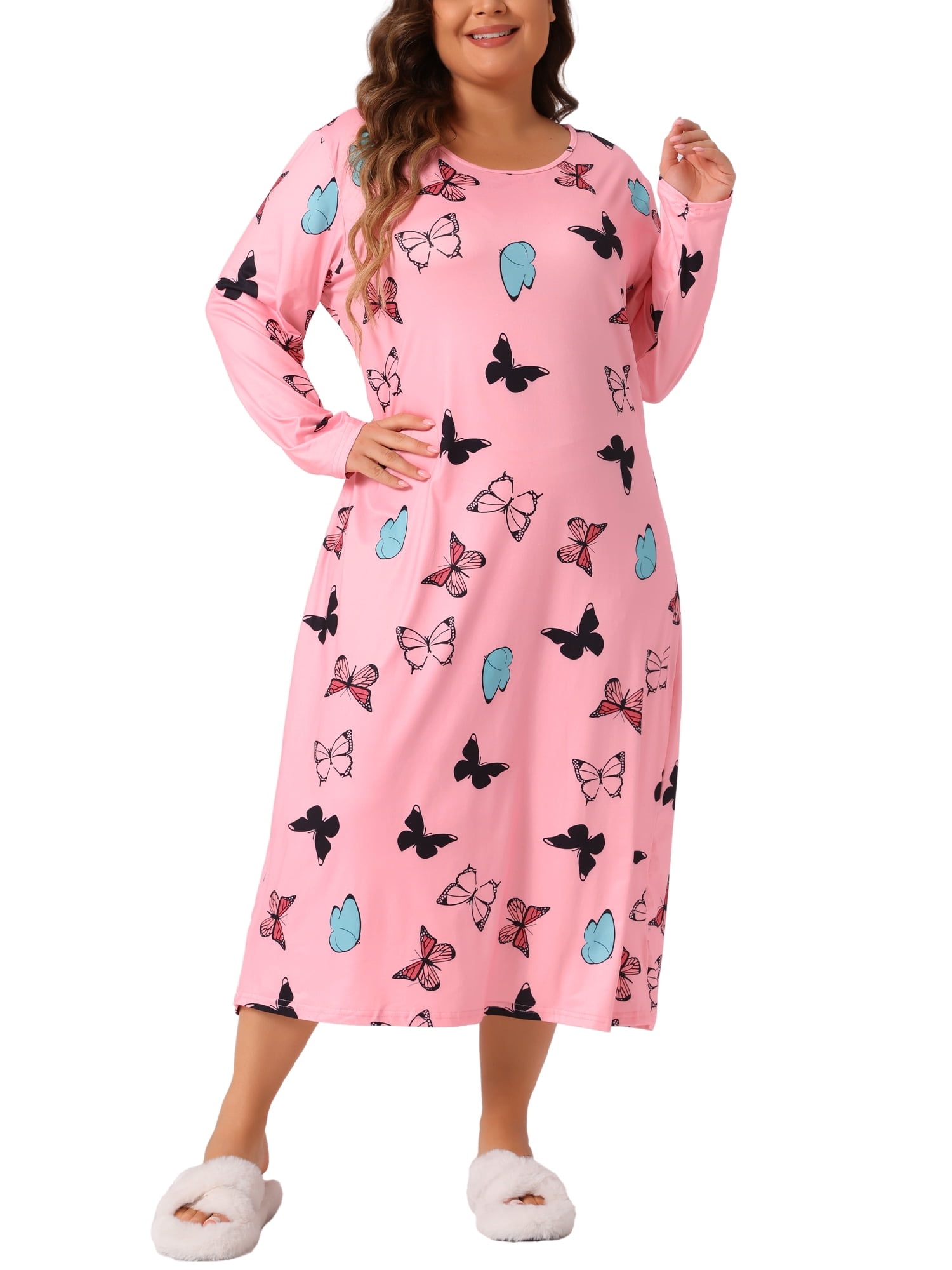 DARING DIVA Women's Plus Size Floral Long Sleeve Casual Nightgowns 4X Pink