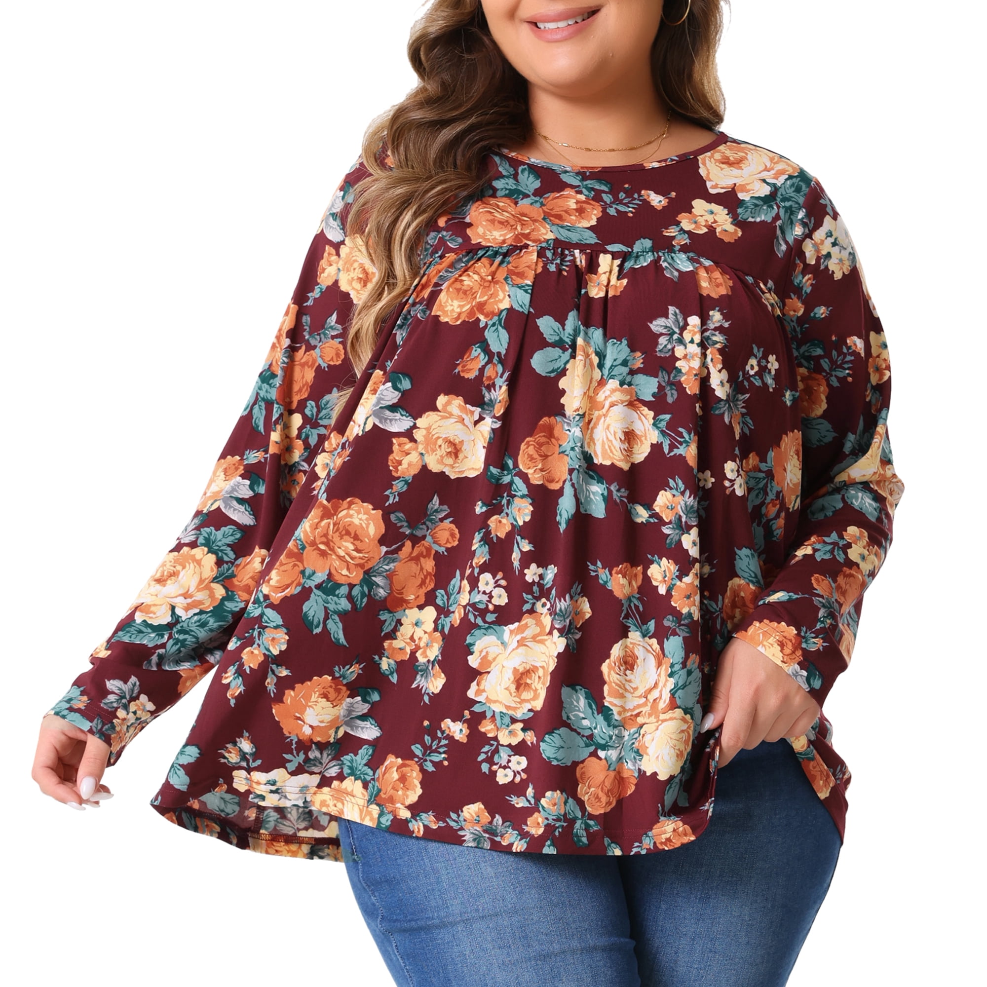 DARING DIVA Women's Plus Size Floral Long Sleeve Pleated Crew Neck Blouse 1X Burgundy