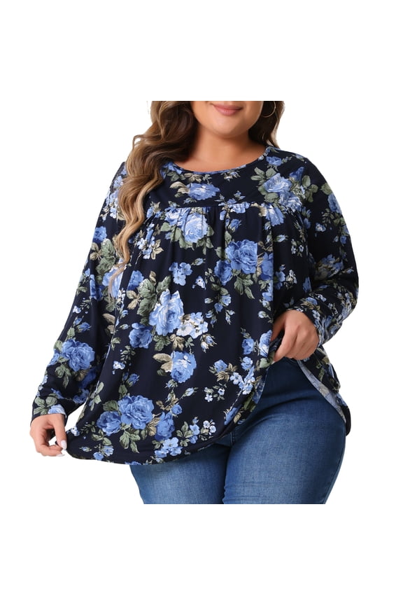 Women's Plus Size Floral Long Sleeve Pleated Crew Neck Blouse 1X Dark Blue