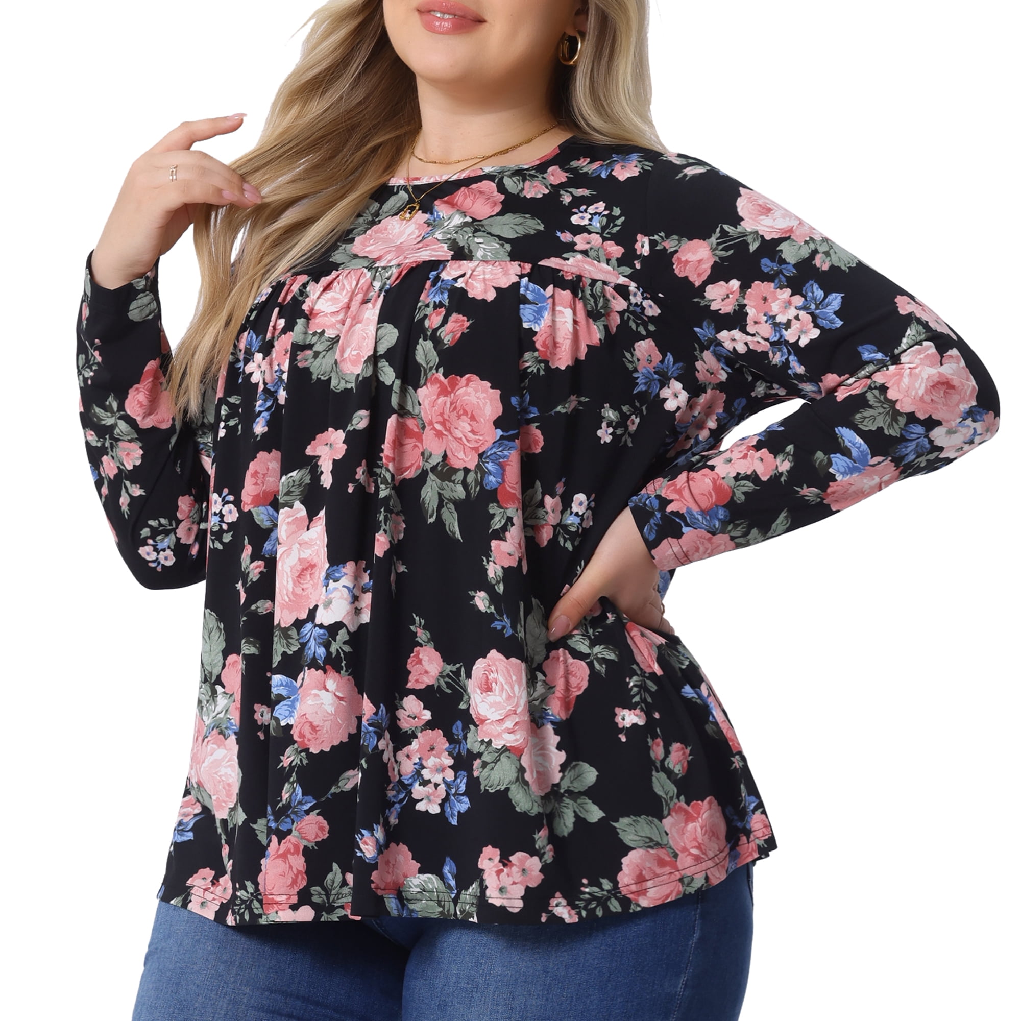 DARING DIVA Women's Plus Size Floral Long Sleeve Pleated Crew Neck Blouse 2X Black