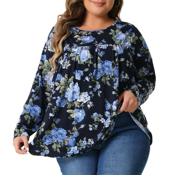 DARING DIVA Women's Plus Size Floral Long Sleeve Pleated Crew Neck Blouse 2X Dark Blue