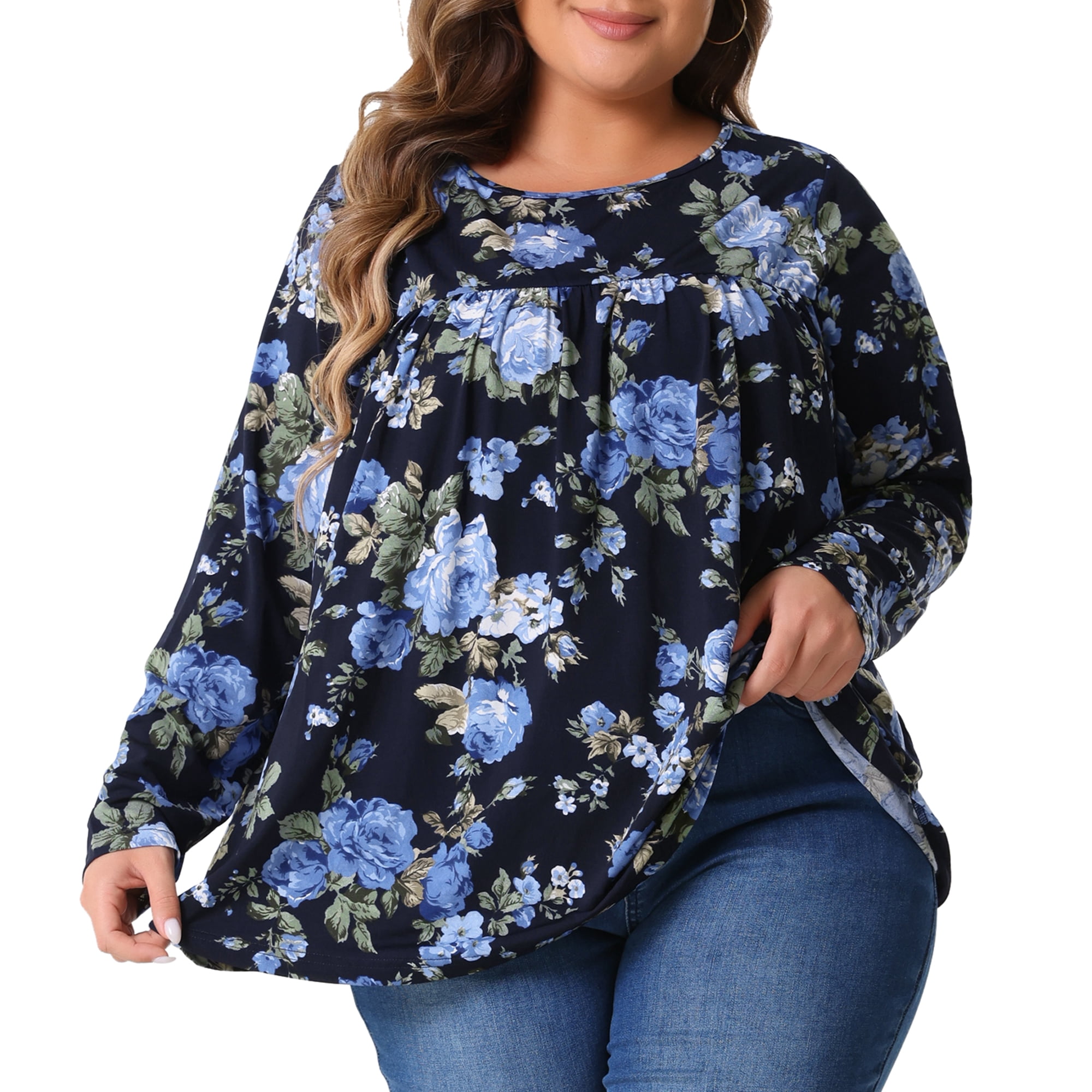 DARING DIVA Women's Plus Size Floral Long Sleeve Pleated Crew Neck Blouse 4X Dark Blue