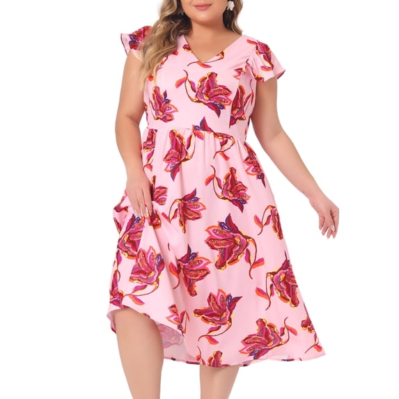 DARING DIVA Women's Plus Size Floral Ruffle Short Sleeves Tie Back V Neck Dress 3X Pink