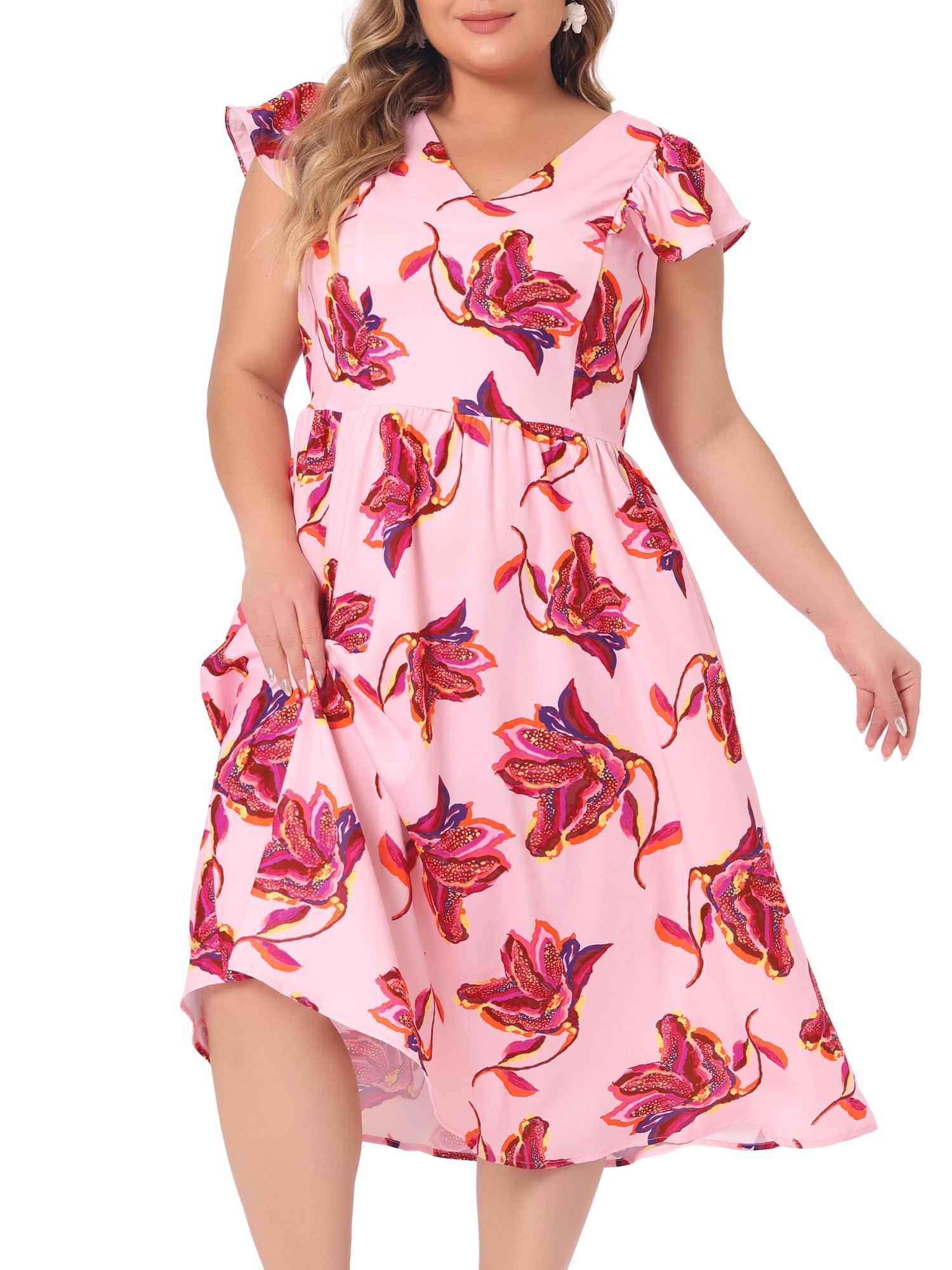 DARING DIVA Women's Plus Size Floral Ruffle Short Sleeves Tie Back V Neck Dress 4X Pink