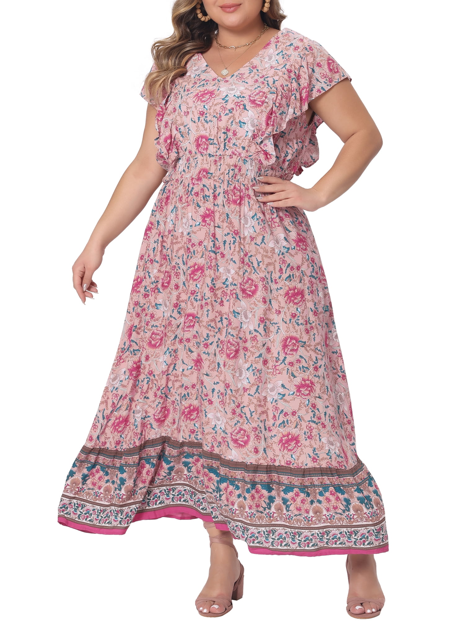 DARING DIVA Women's Plus Size Floral Ruffle Sleeve Beach Boho Maxi Dress 1X Pink