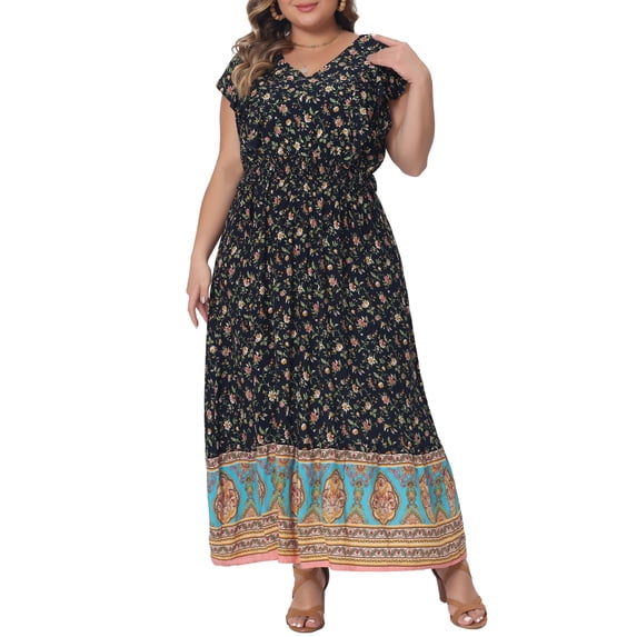 DARING DIVA Women's Plus Size Floral Ruffle Sleeve Beach Boho Maxi Dress 4X Navy Blue