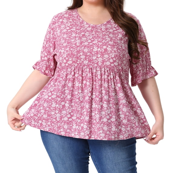 DARING DIVA Women's Plus Size Floral V Neck Ruffle Short Sleeve Blouses 2X Pink