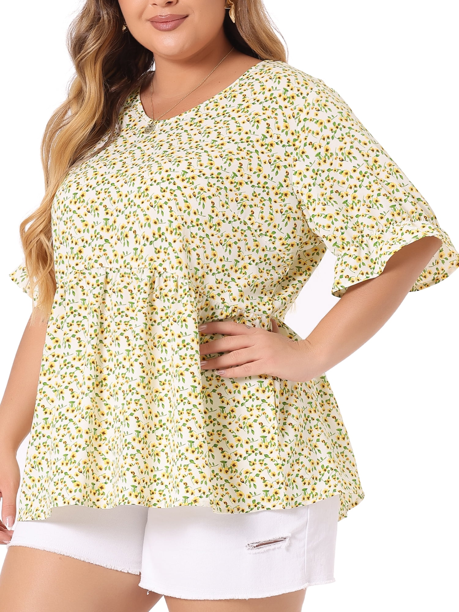 DARING DIVA Women's Plus Size Floral V Neck Ruffle Short Sleeve Blouses 4X Light Yellow