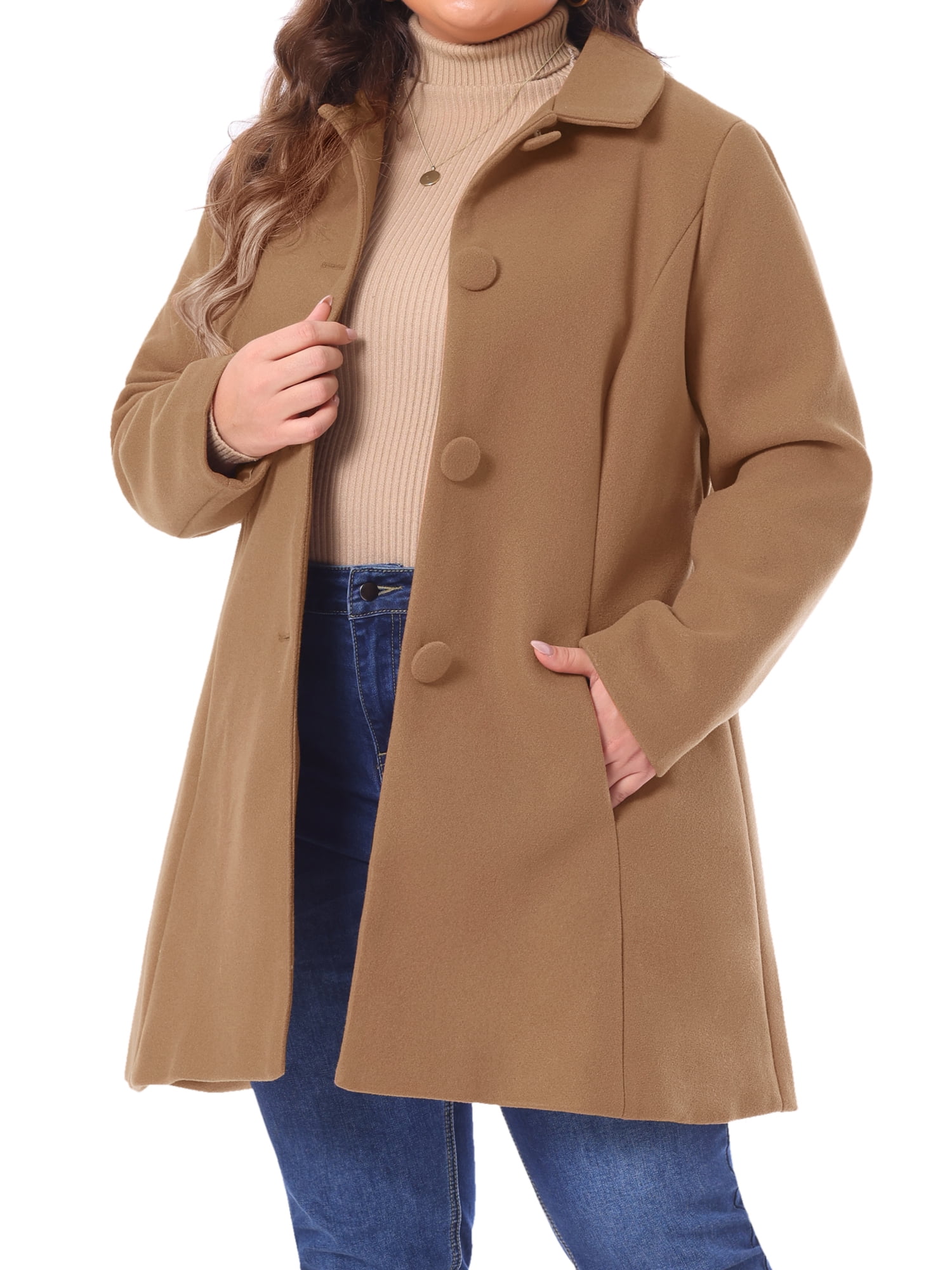 DARING DIVA Women's Plus Size Button Down Single Breasted Peacoat Long Coat 2X Camel