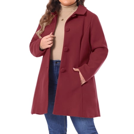 DARING DIVA Women's Plus Size Button Down Single Breasted Peacoat Long Coat 3X Burgundy