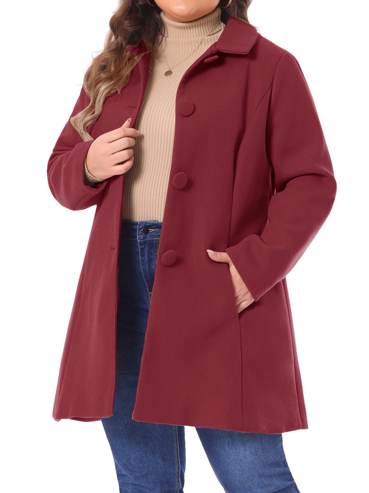 DARING DIVA Women's Plus Size Button Down Single Breasted Peacoat Long Coat 4X Burgundy