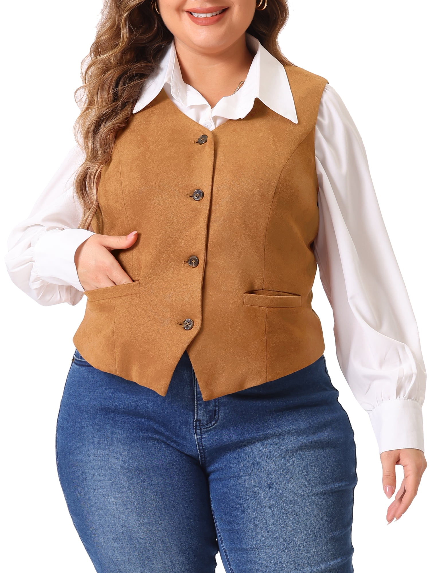 DARING DIVA Women's Plus Size Fully Lined 4 Button V-Neck Dressy Suit Vest 1X Brown