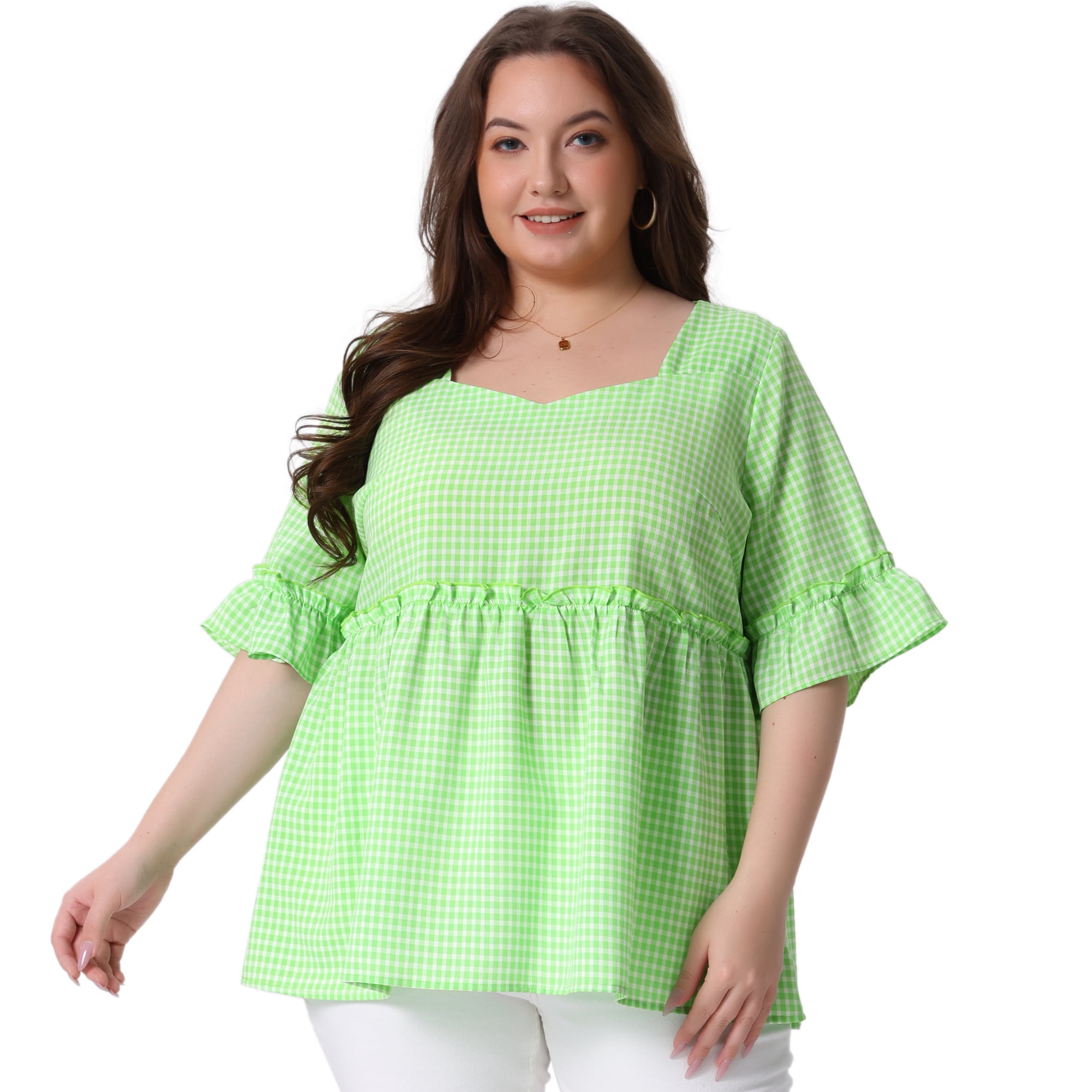 DARING DIVA Women's Plus Size Gingham Sweetheart Neck Ruffle Sleeve Blouse 1X Green