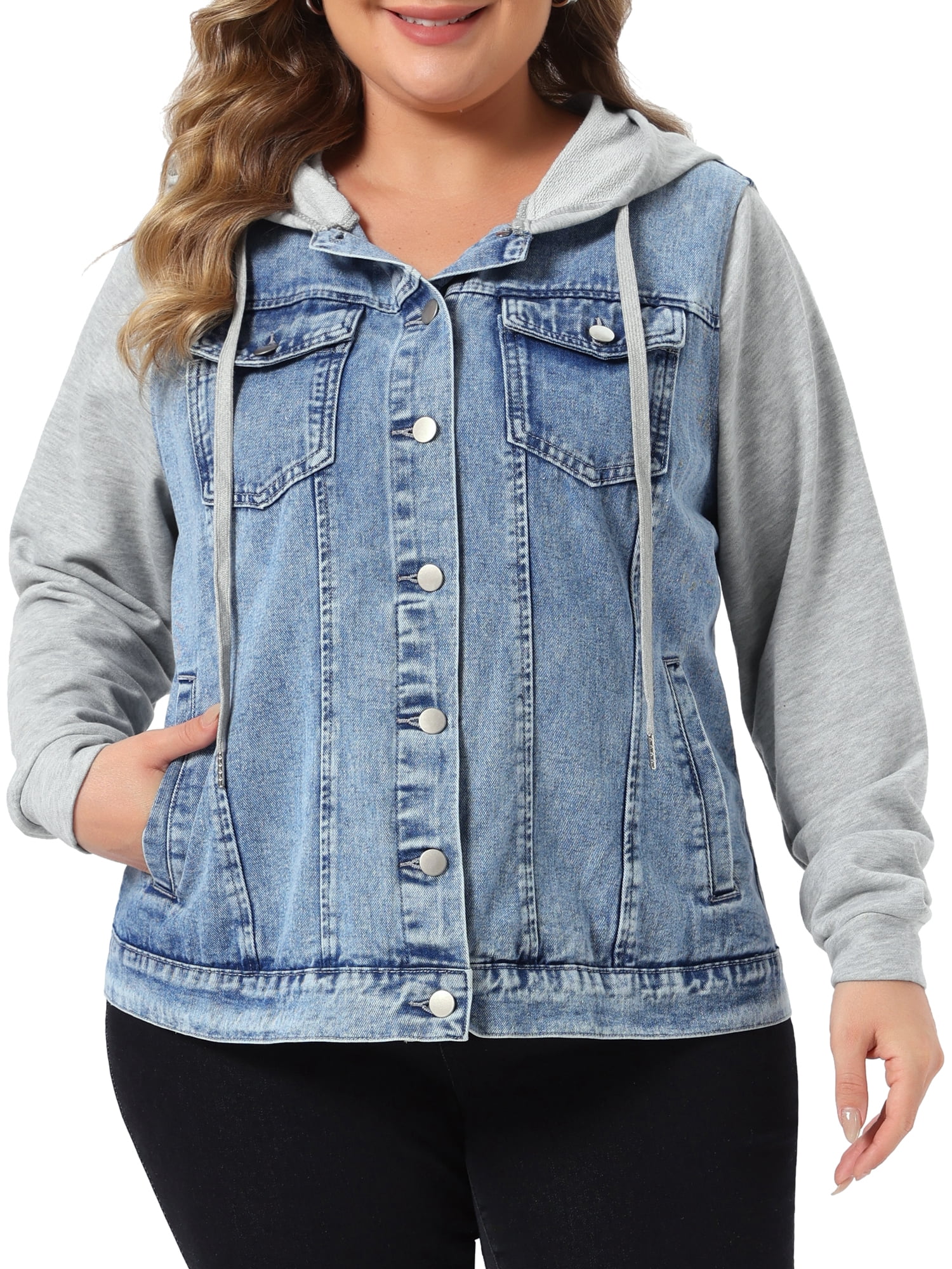 DARING DIVA Women's Plus Size Hood Long Sleeve Hoodie Jean Jacket 2X Washed Light Blue