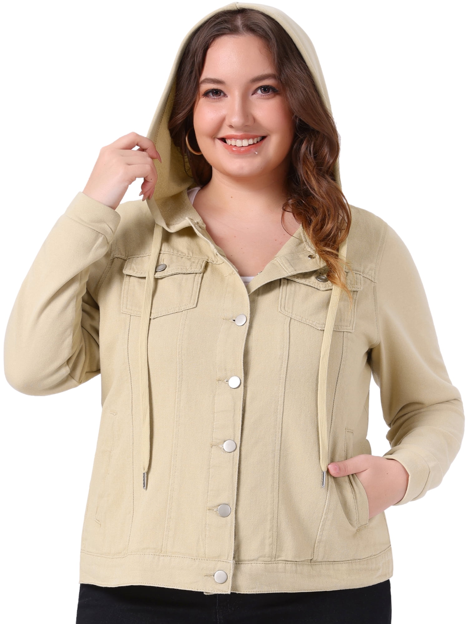 DARING DIVA Women's Plus Size Hood Long Sleeve Hoodie Jean Jacket 3X Khaki