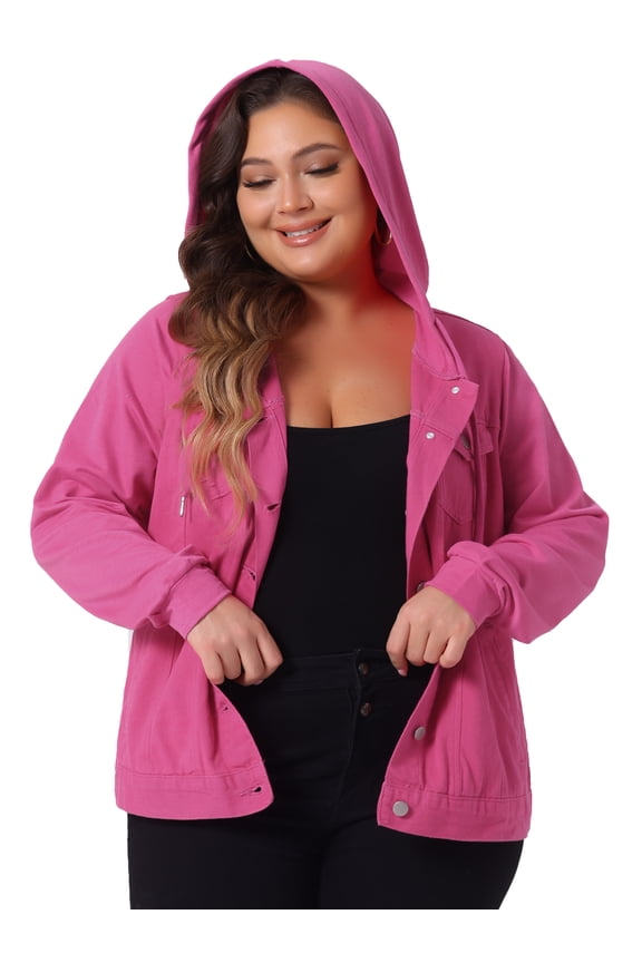 Women's Plus Size Jean Drawstring Hood Denim Jacket 3X Hot Pink