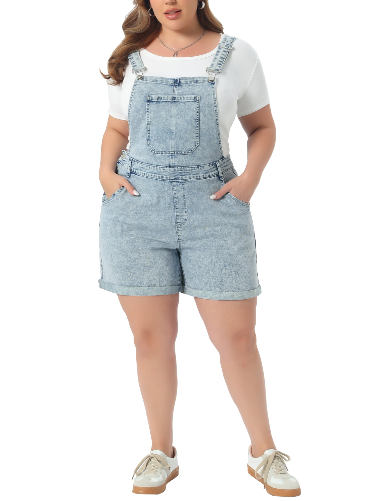 DARING DIVA Women's Plus Size Jumpsuit Roll Hem Pocket Denim Overalls 3X Light Blue