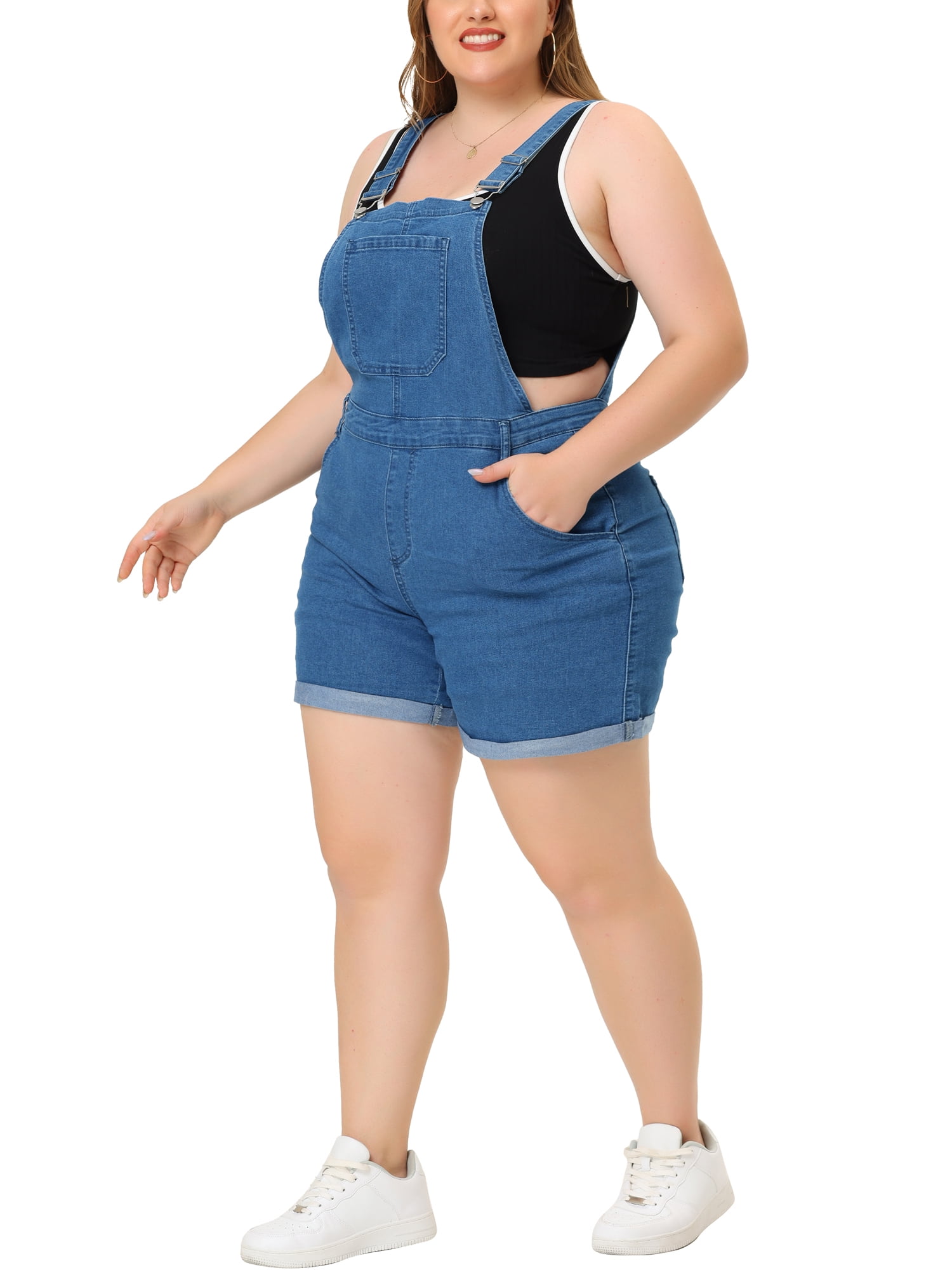 DARING DIVA Women's Plus Size Jumpsuit Roll Hem Pocket Denim Overalls 6X Denim Blue