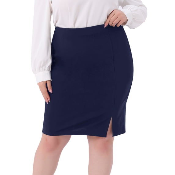 DARING DIVA Women's Plus Size Knee Length High Waisted Stretchy Skirt 1X Navy Blue