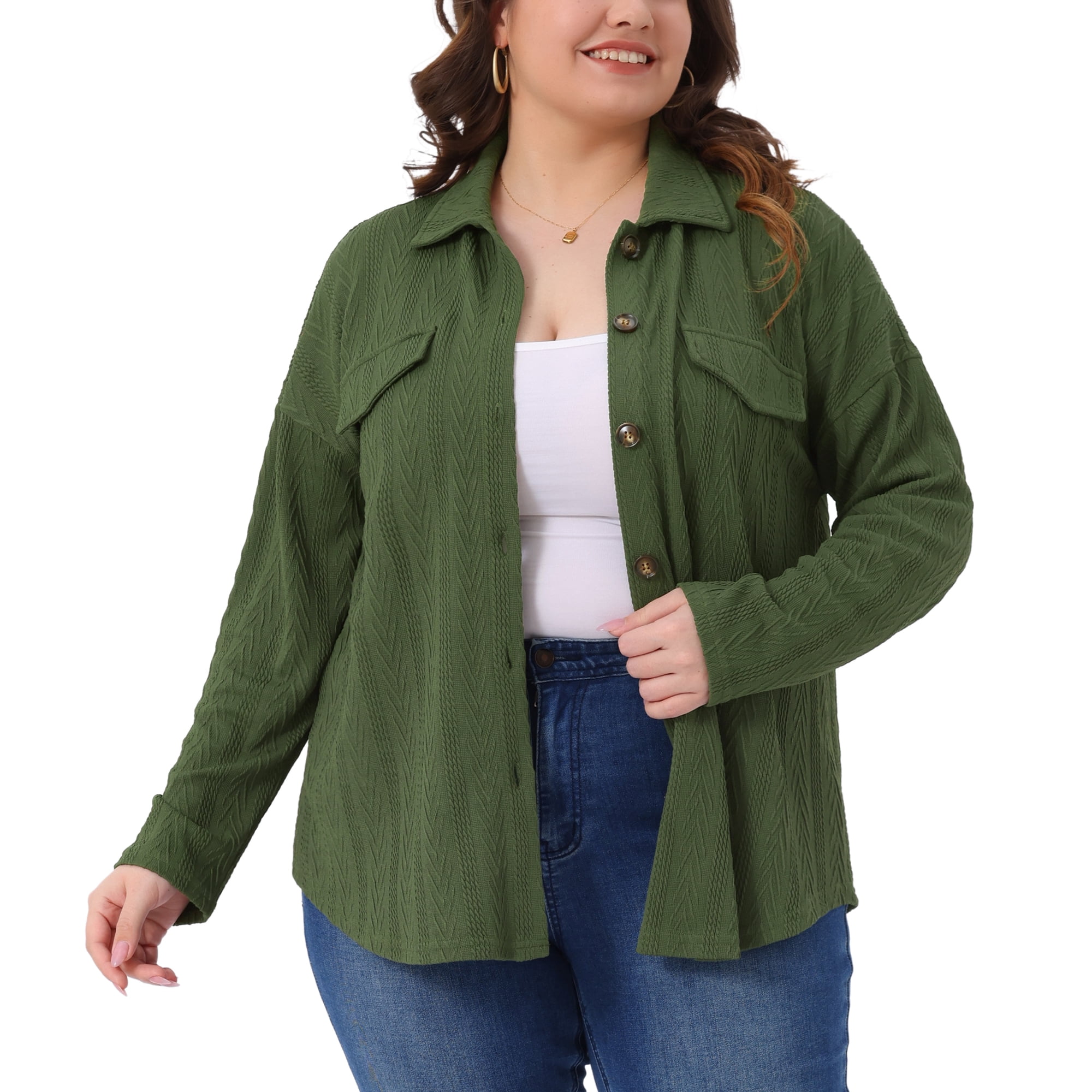 DARING DIVA Women's Plus Size Knit Casual Long Sleeve Button Down Shirts 1X Army Green