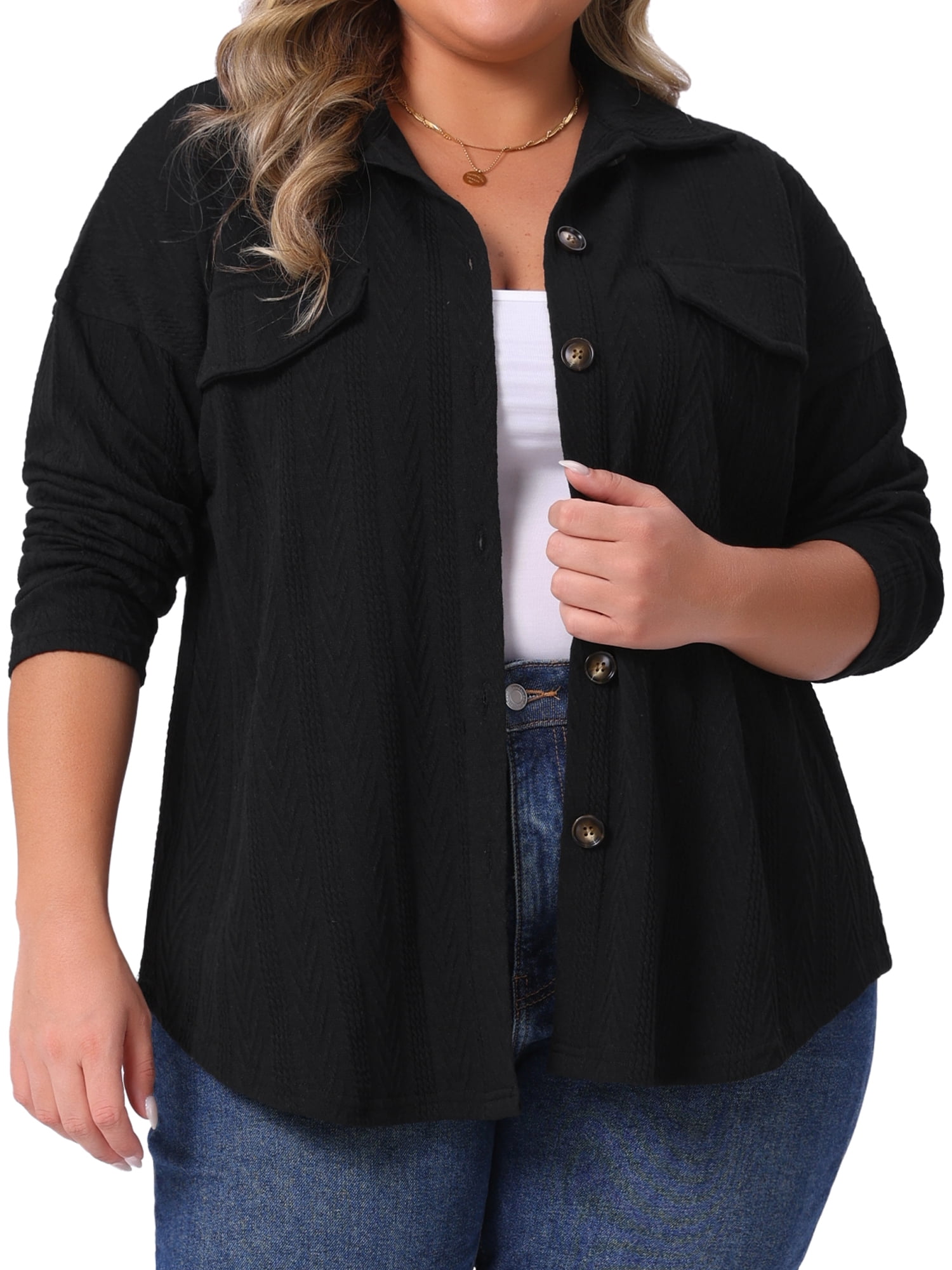 DARING DIVA Women's Plus Size Knit Casual Long Sleeve Button Down Shirts 2X Black