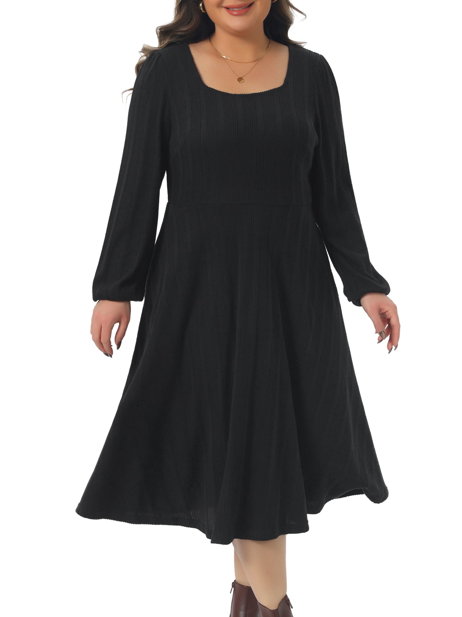 DARING DIVA Women's Plus Size Knit Long Sleeve A Line Midi Pockets Dress 1X Black