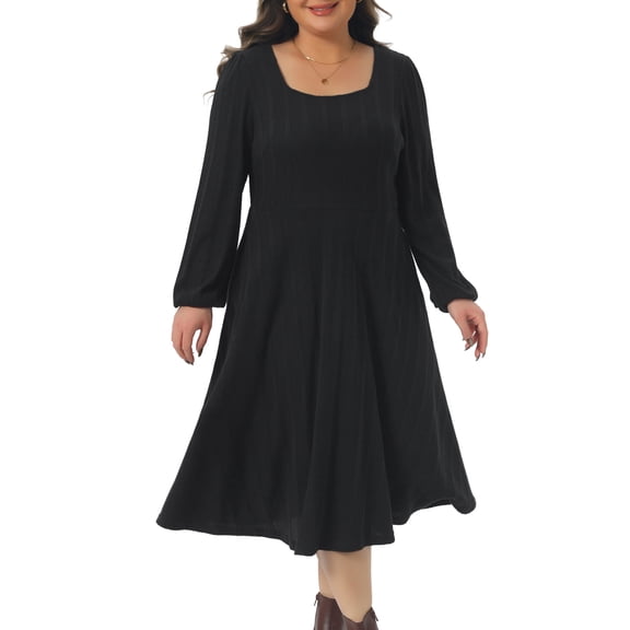 DARING DIVA Women's Plus Size Knit Long Sleeve A Line Midi Pockets Dress 4X Black