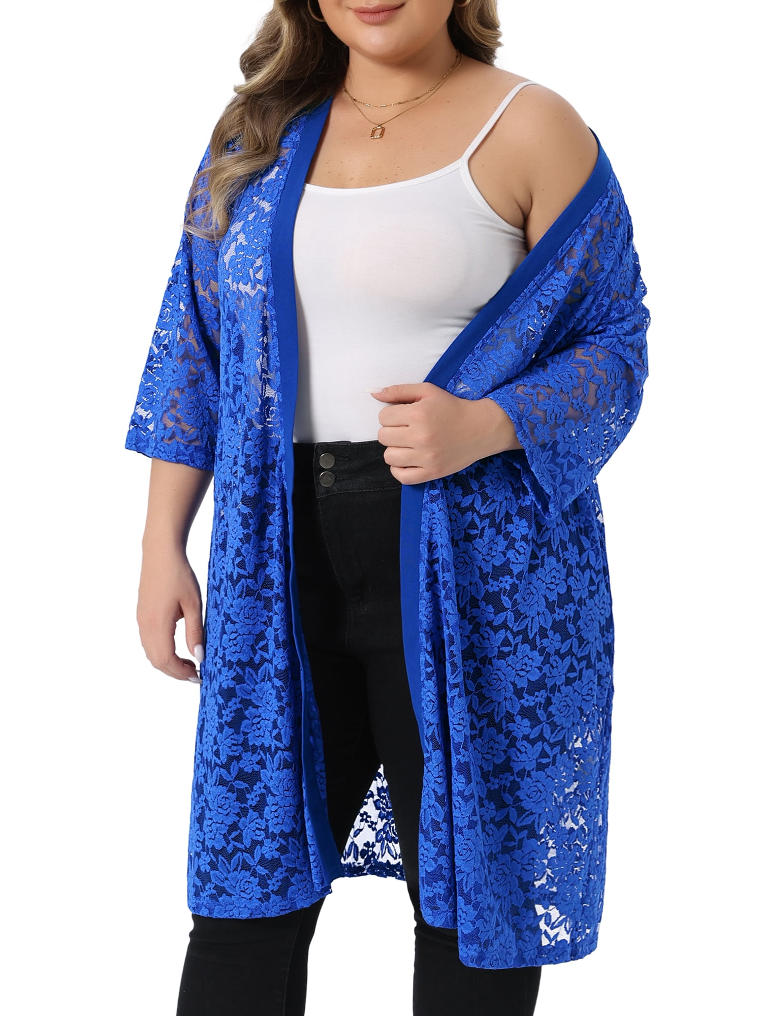DARING DIVA Women's Plus Size Lace Crochet 3/4 Sleeve Cover Up Jacket 2X Royal Blue