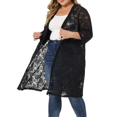 DARING DIVA Women's Plus Size Lace Crochet 3/4 Sleeve Cover Up Jacket 5X Dark Black