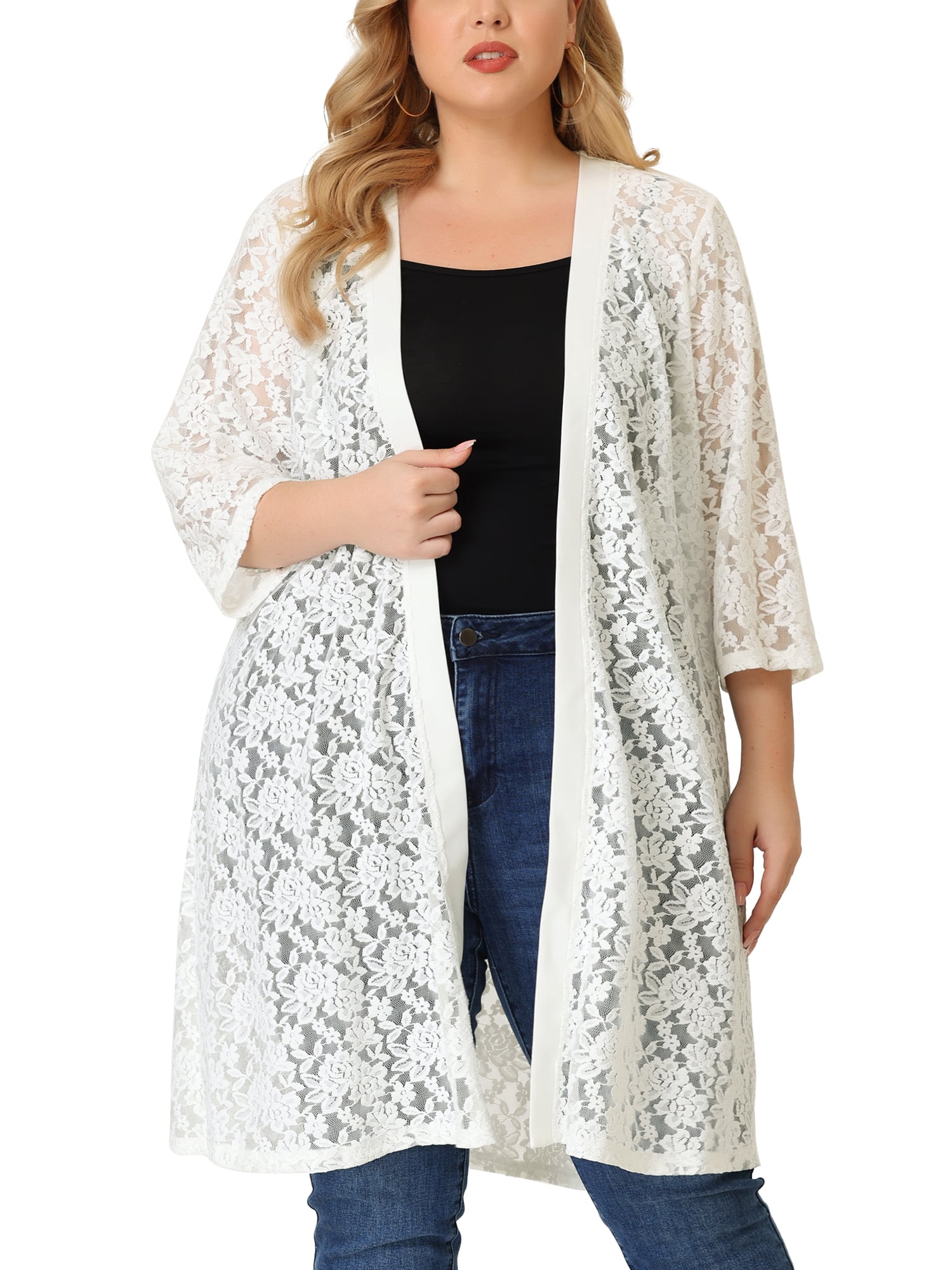 DARING DIVA Women's Plus Size Lace Crochet 3/4 Sleeve Cover Up Jacket 5X White