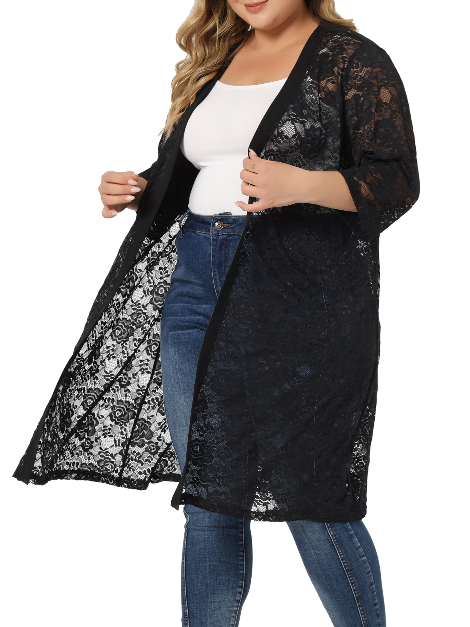 DARING DIVA Women's Plus Size Lace Crochet 3/4 Sleeve Cover Up Jacket 6X Dark Black