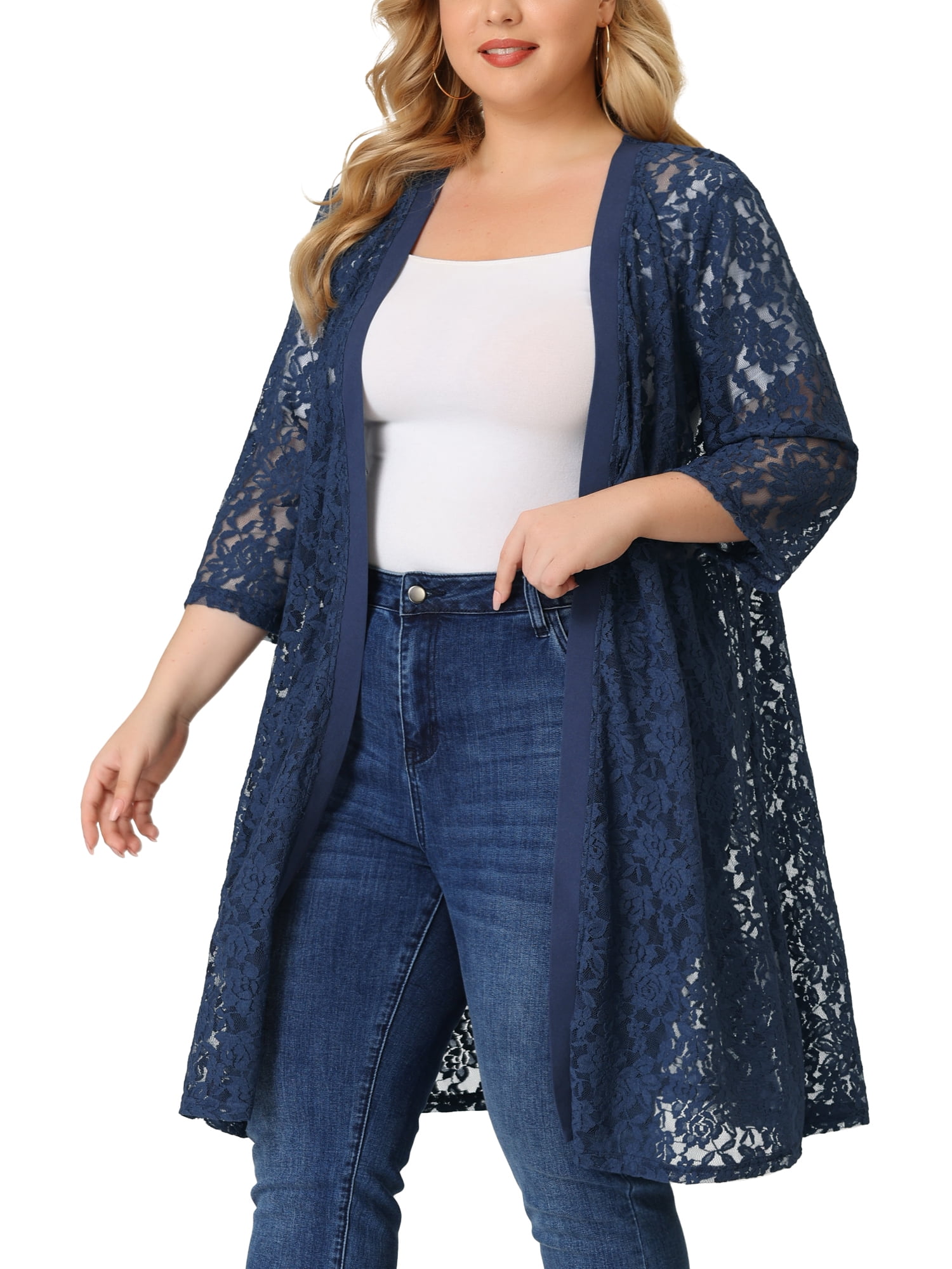 DARING DIVA Women's Plus Size Lace Crochet 3/4 Sleeve Cover Up Jacket 6X Navy