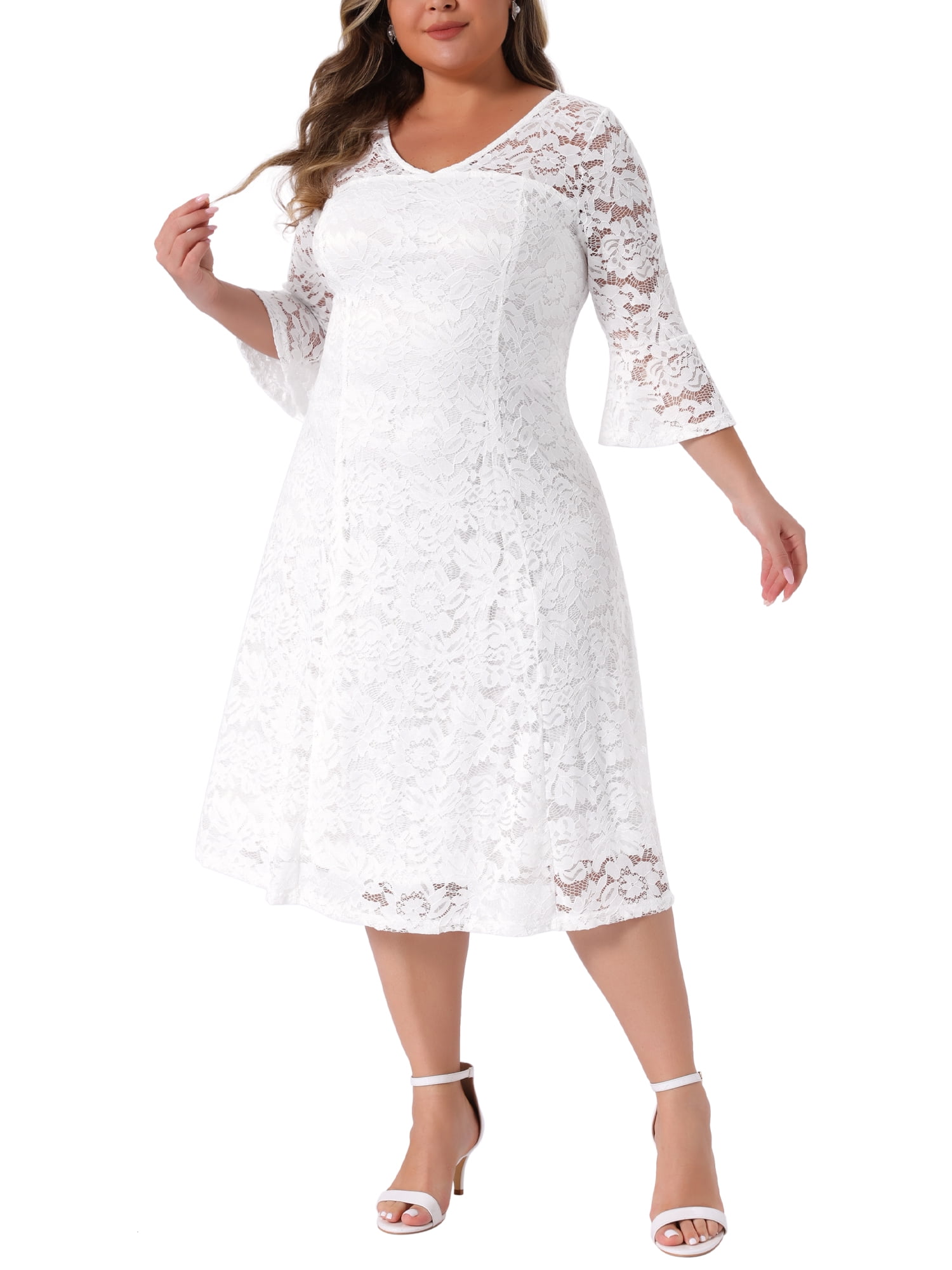 DARING DIVA Women's Plus Size Lace V-Neck 3/4 Sleeve Midi Evening Dress 1X White