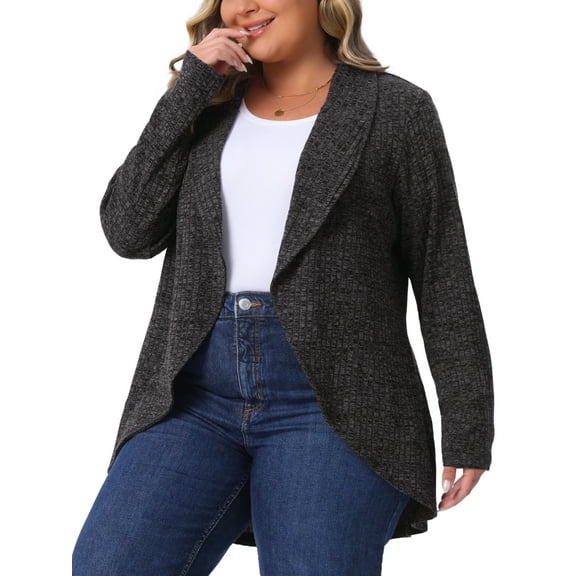 DARING DIVA Women's Plus Size Lapel Open Front Irregular Hem Knit Cardigan 1X Dark Gray
