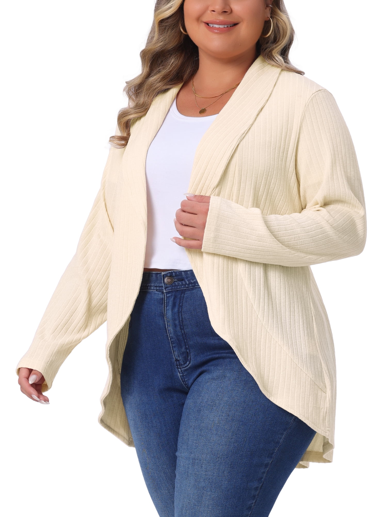 DARING DIVA Women's Plus Size Lapel Open Front Irregular Hem Knit Cardigan 4X Beige