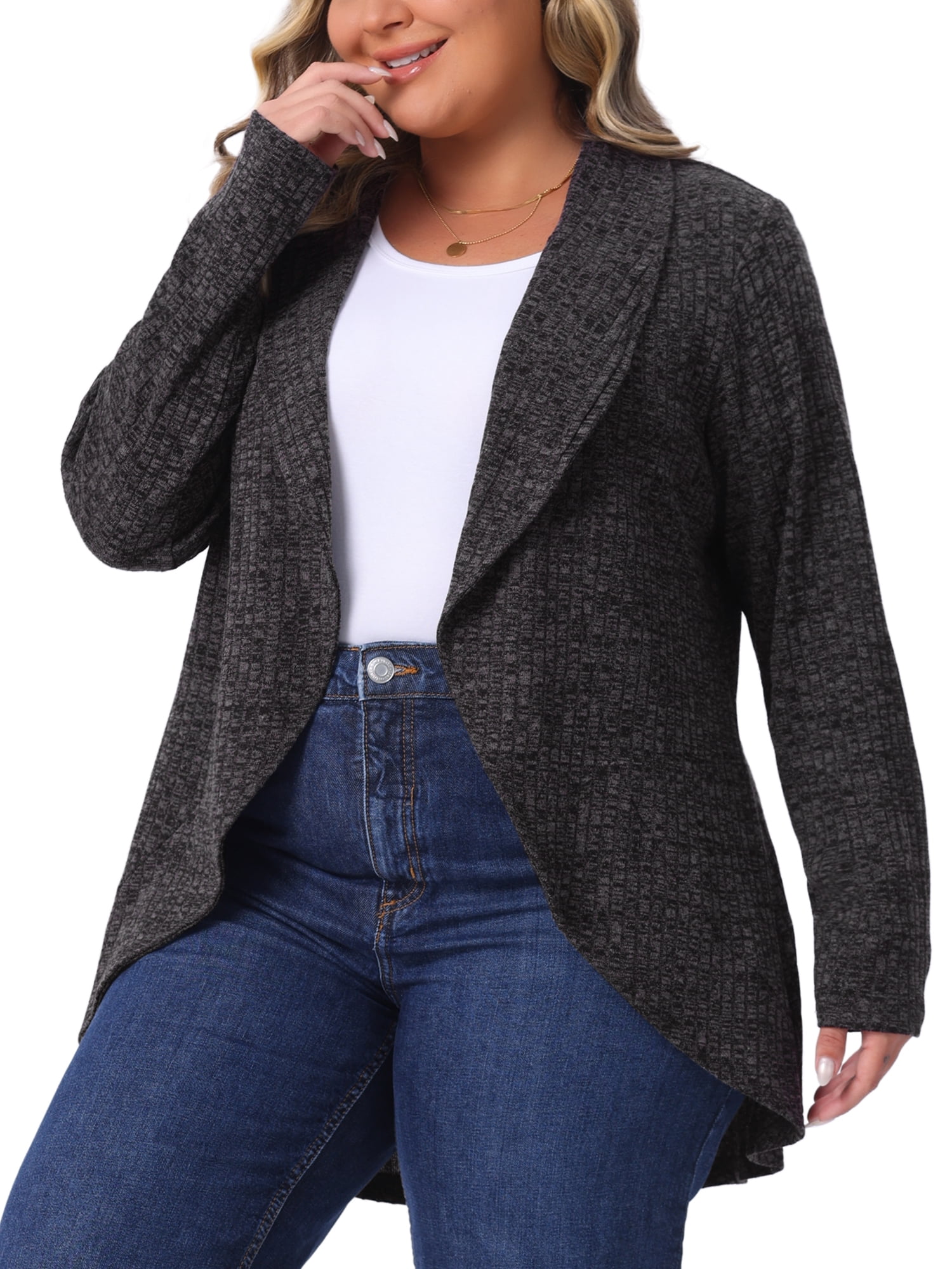 DARING DIVA Women's Plus Size Lapel Open Front Irregular Hem Knit Cardigan 4X Dark Gray