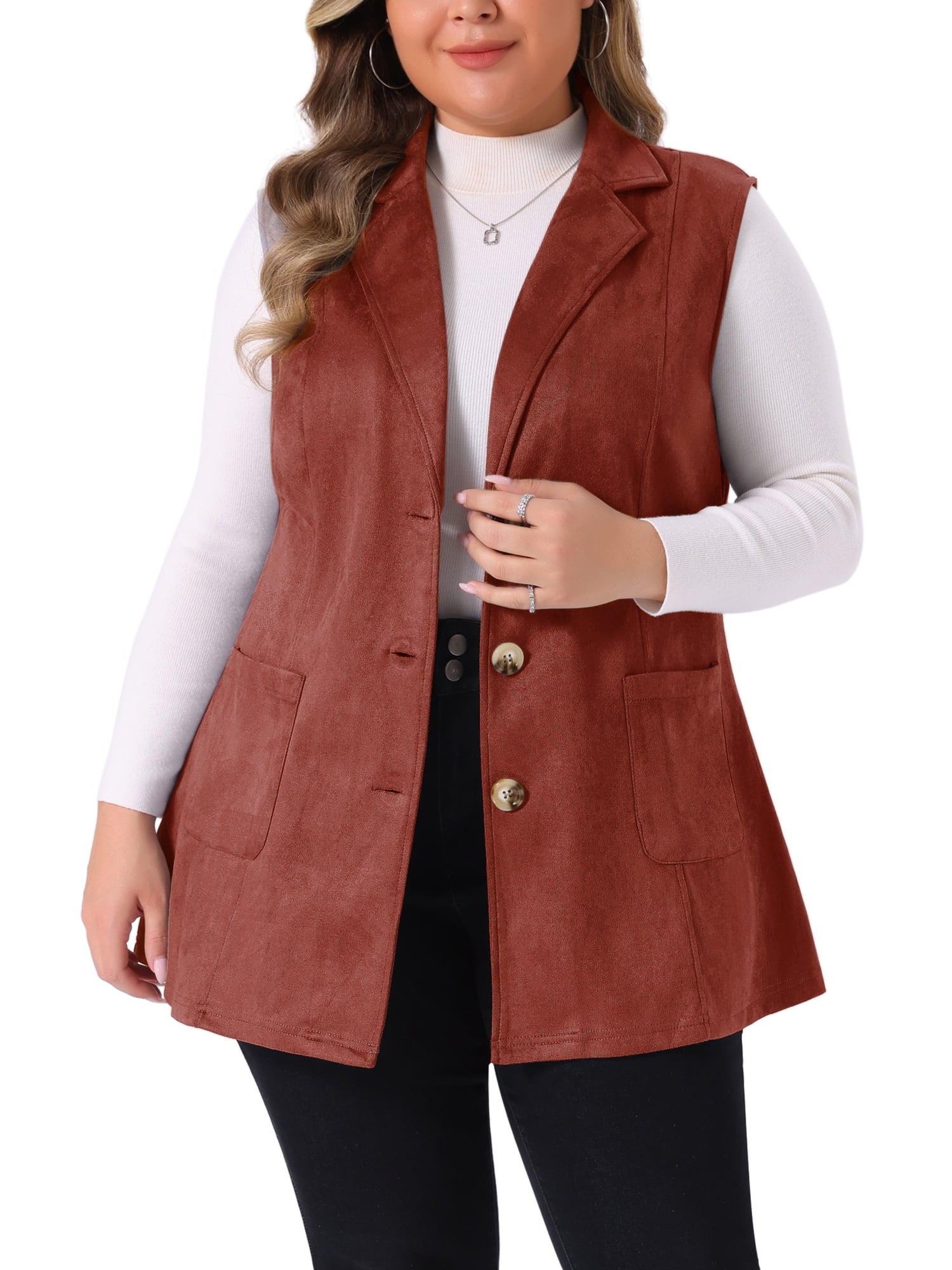 DARING DIVA Women's Plus Size Lapel Sleeveless Lightweight Suede Vests 1X Rust