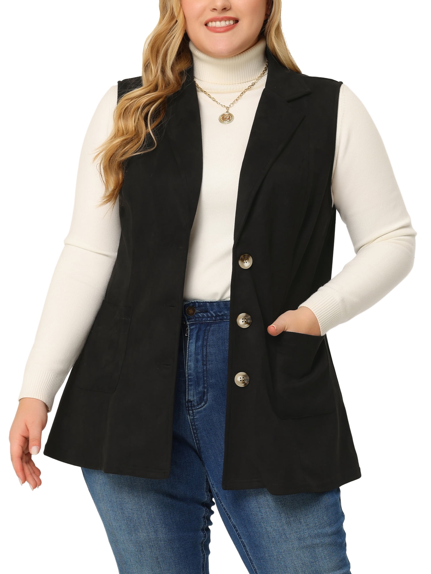 DARING DIVA Women's Plus Size Lapel Sleeveless Lightweight Suede Vests 5X Black