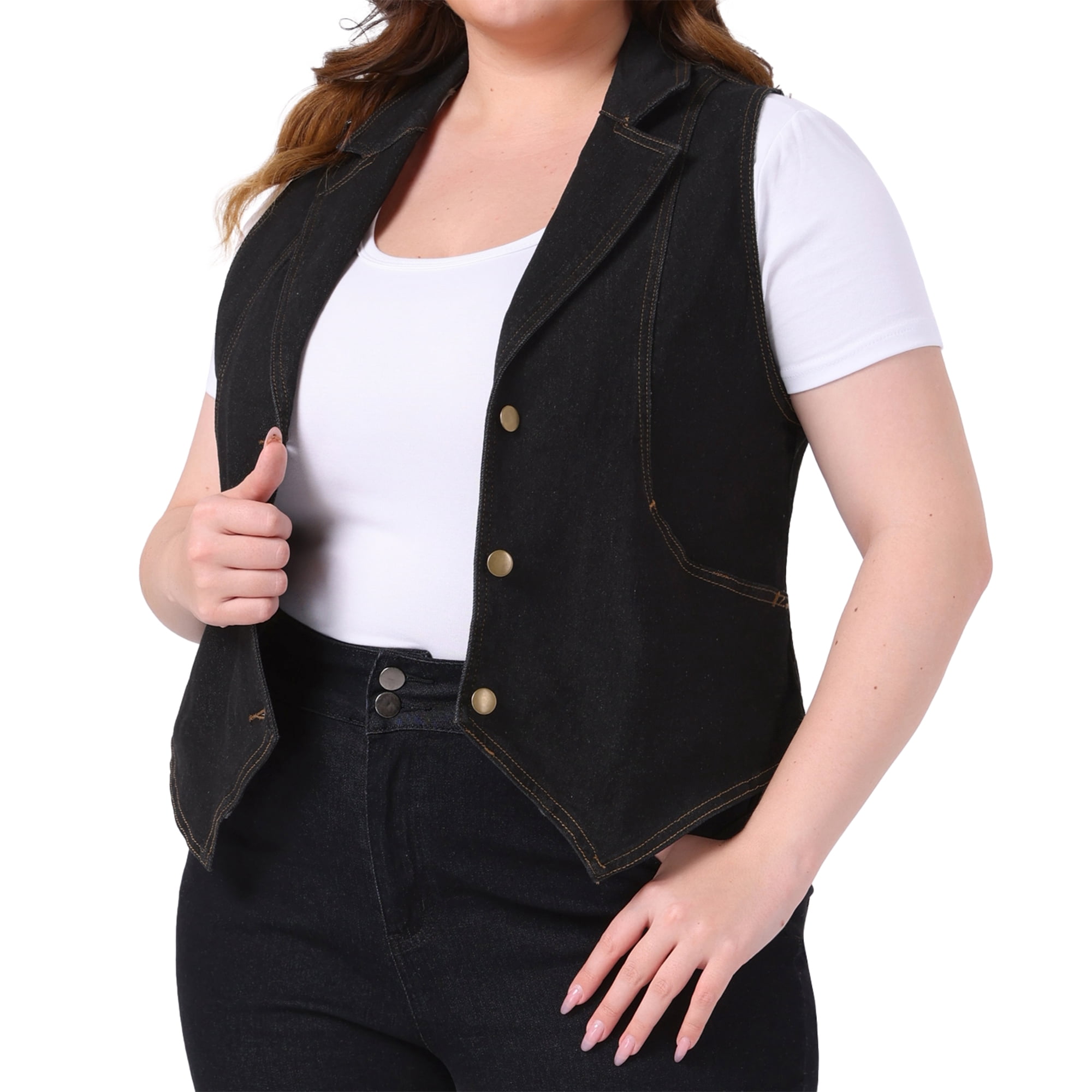 DARING DIVA Women's Plus Size Lapel Sleeveless Waistcoat Jean Vest Jacket 3X Black
