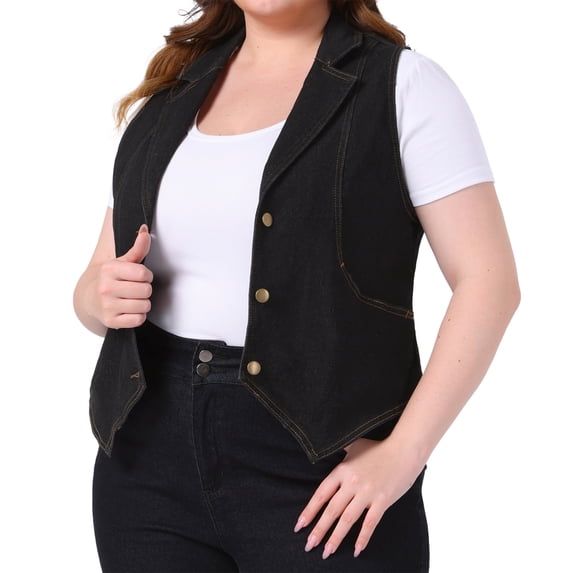 DARING DIVA Women's Plus Size Lapel Sleeveless Waistcoat Jean Vest Jacket 4X Black