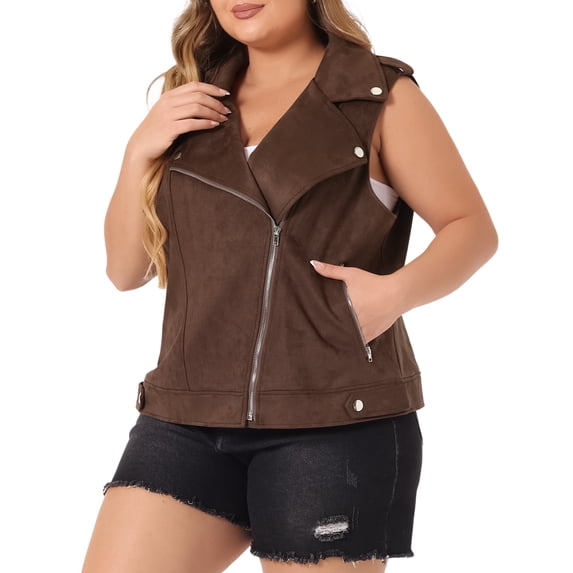 DARING DIVA Women's Plus Size Lapel Zipper Utility Motorcycle Suede Jacket Vest 2X Brown