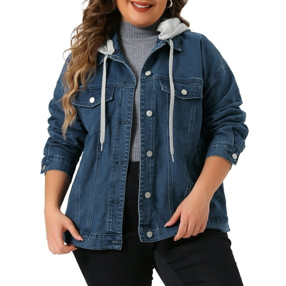 DARING DIVA Women's Plus Size Layered Drawstring Detachable Hoodie Denim Jacket 1X Blue