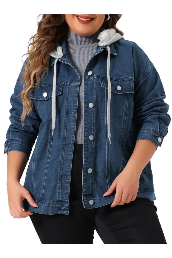 Women's Plus Size Layered Drawstring Detachable Hoodie Denim Jacket 1X Blue