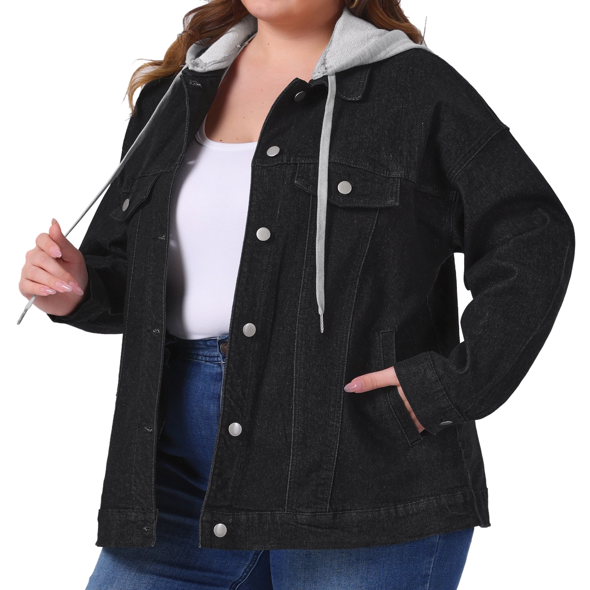 DARING DIVA Women's Plus Size Layered Drawstring Detachable Hoodie Denim Jacket 2X Black