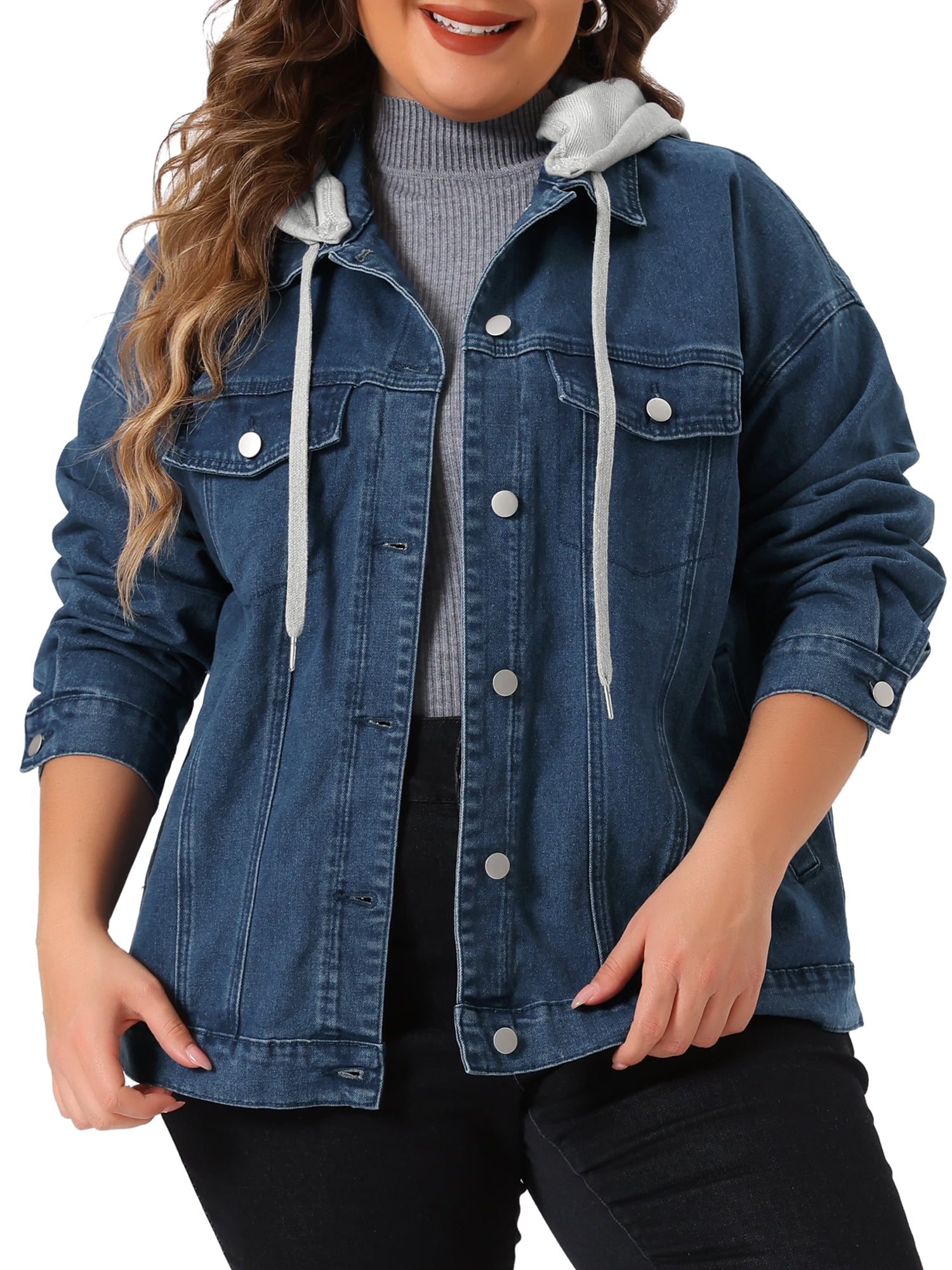 DARING DIVA Women's Plus Size Layered Drawstring Detachable Hoodie Denim Jacket 4X Blue