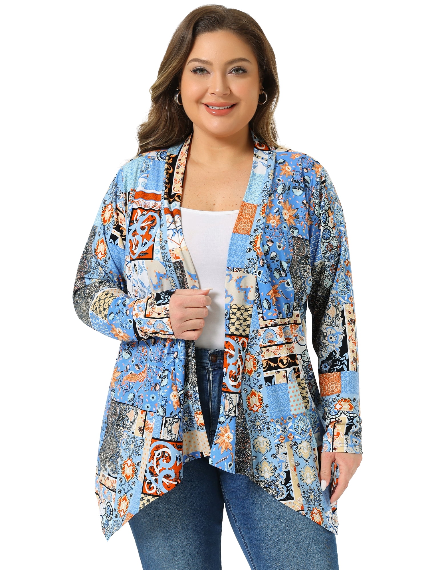 DARING DIVA Women's Plus Size Leopard Print Asymmetric Hem Cardigan 1X Blue