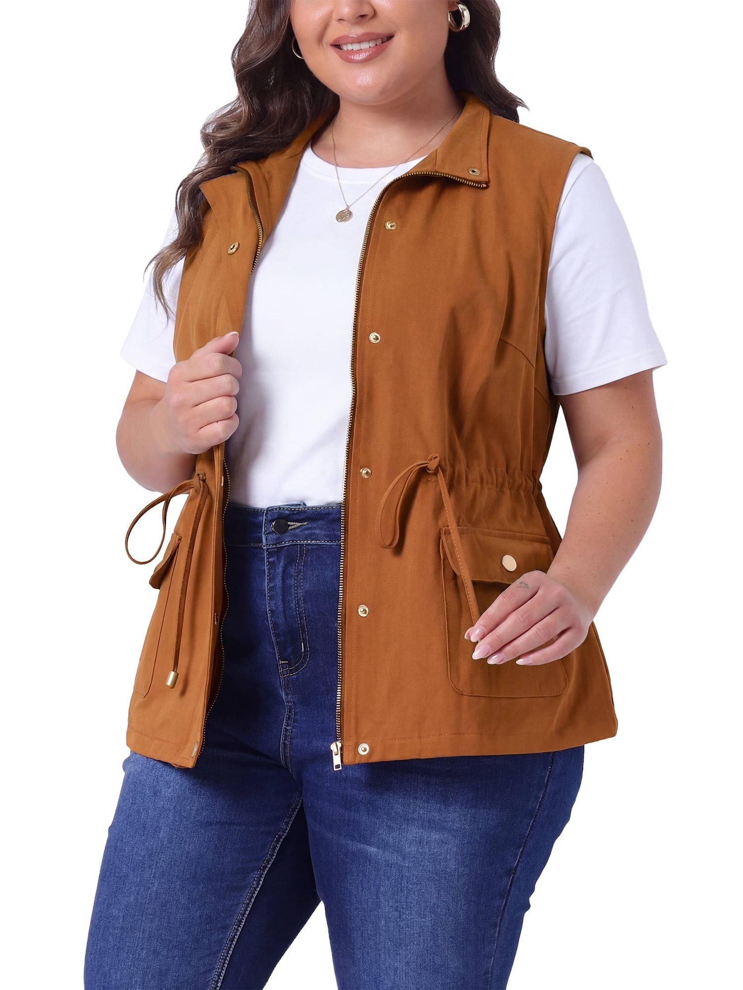 DARING DIVA Women's Plus Size Lightweight Sleeveless Anorak Cargo Vest 2X Caramel