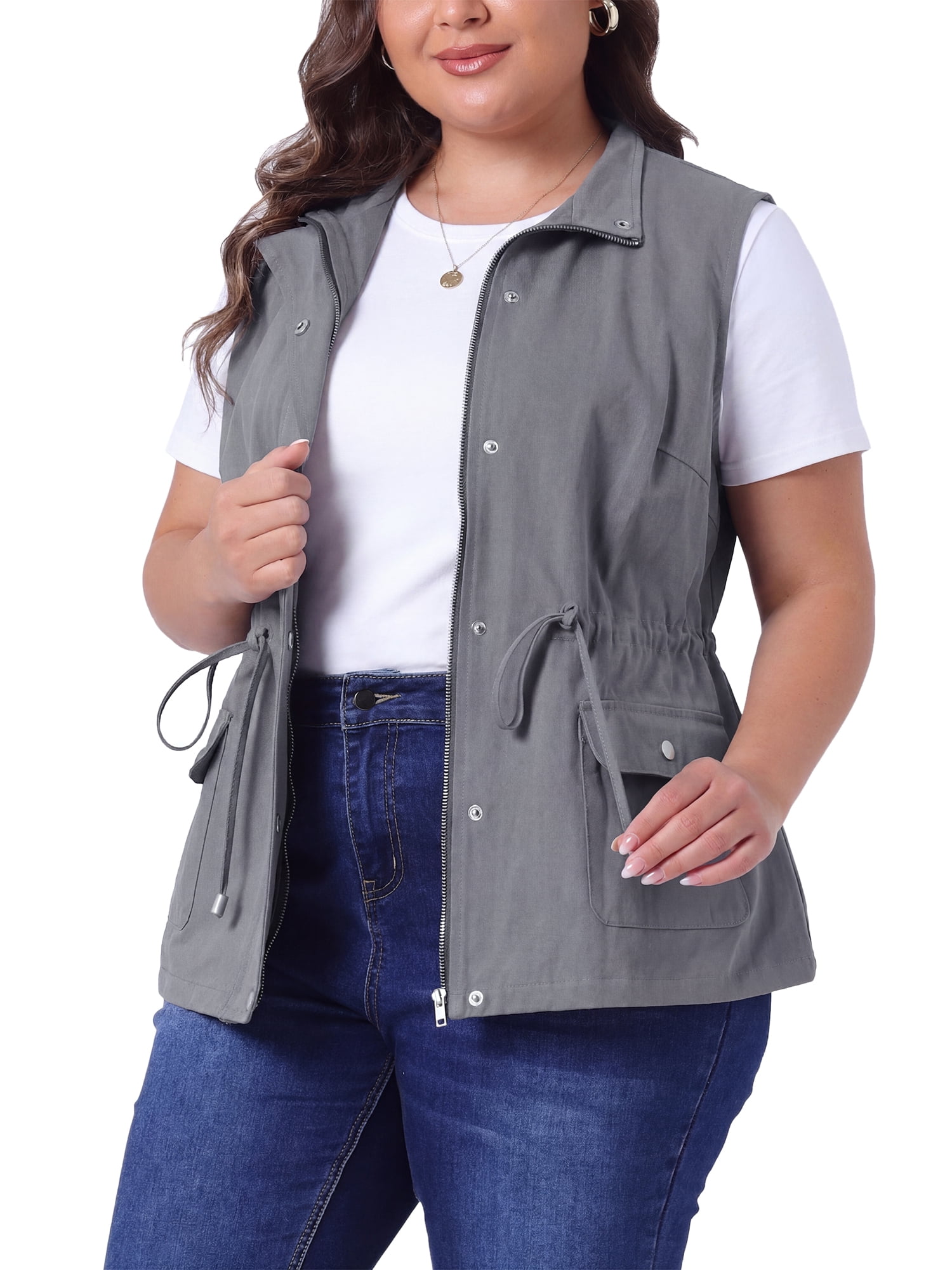 DARING DIVA Women's Plus Size Lightweight Sleeveless Anorak Cargo Vest 2X Gray Blue