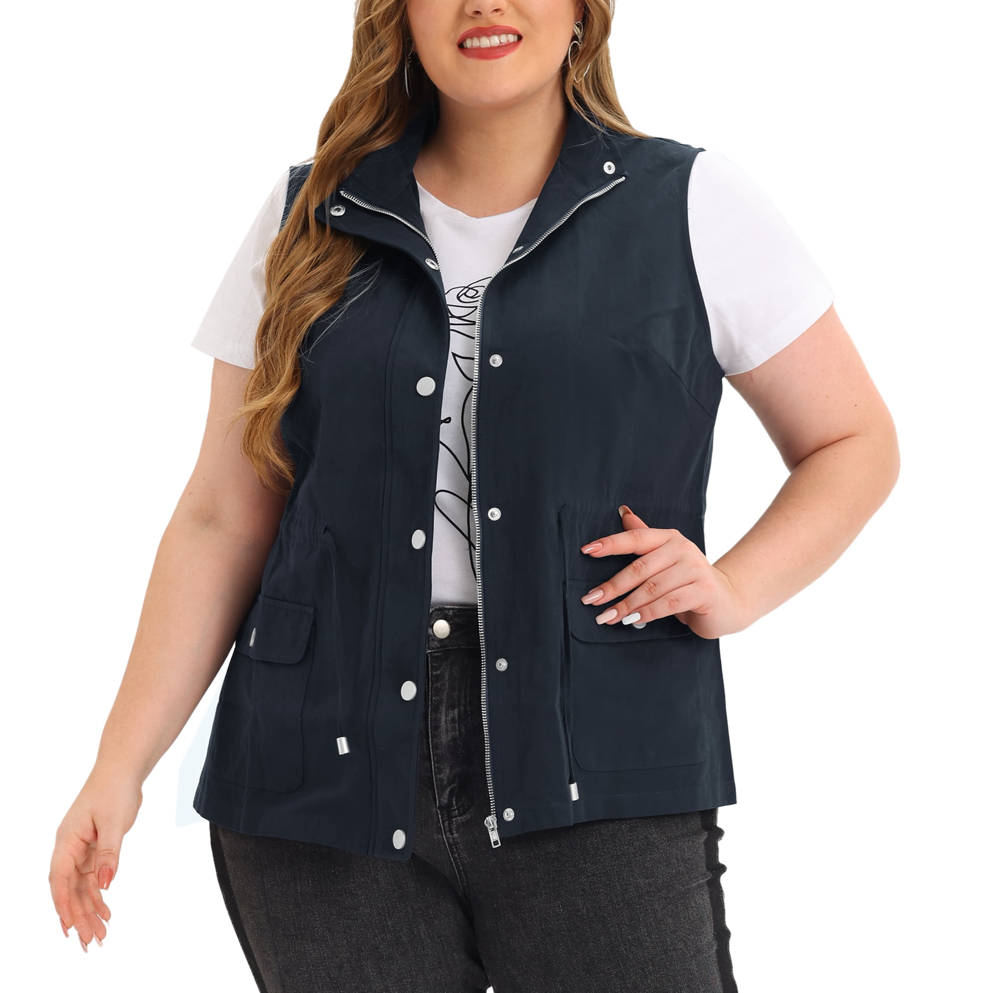 DARING DIVA Women's Plus Size Lightweight Sleeveless Anorak Cargo Vest 5X Navy Blue